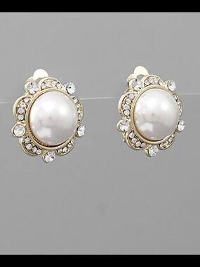 Classic Pearl and Crystal Gold Stud Clip-On Earrings - White